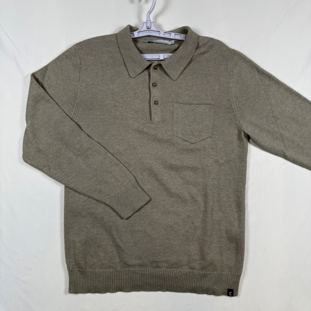 Criquet Mens Baby Alpaca Cotton Blend Long Sleeve Polo Sweater Taupe Brown L